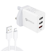 SDC-30W 2 in 1 USB to 8 Pin Data Cable + 30W QC 3.0 USB + 2.4A Dual USB 2.0 Ports Mobile Phone Tablet PC Universal Quick Charger Travel Charger Set,  UK Plug, with 8 Pin Cable, UK Plug